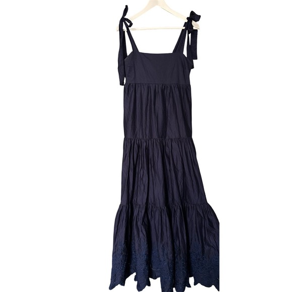 Jason Wu Tiered Embroidered Eyelet Maxi Dress Women Small Shoulder Bow Ties Navy - Picture 5 of 10
